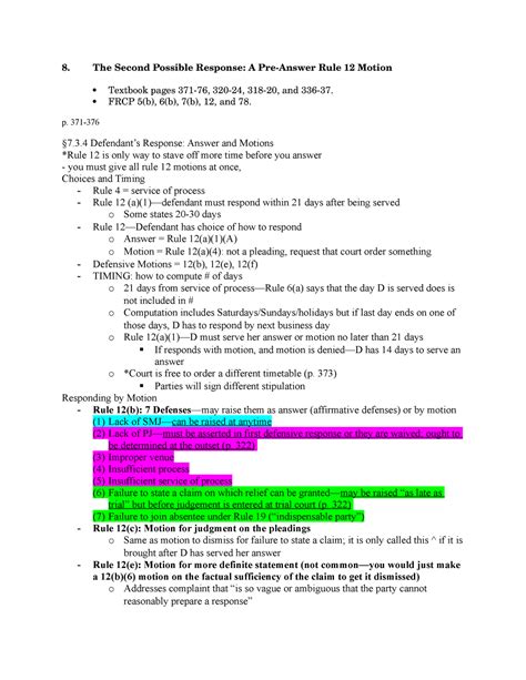 Civ Pro Answers And Motions The Second Possible Response A Pre