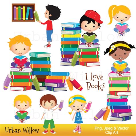 Clip Art Kids Reading Books Graphics School Kid Cute Etsy