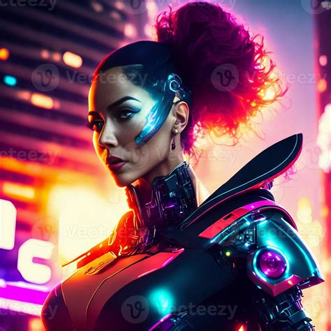 Cyberpunk Futuro Tecnología Cyborg Robot Punk Mujer Con Corto Pelo