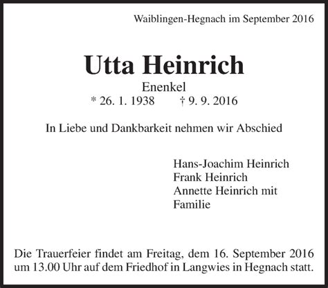 Traueranzeigen Von Utta Heinrich ZVW Trauer