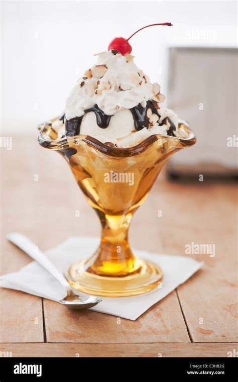 Close Up Of Sundae With Cherry On Top Stock Photo Alamy