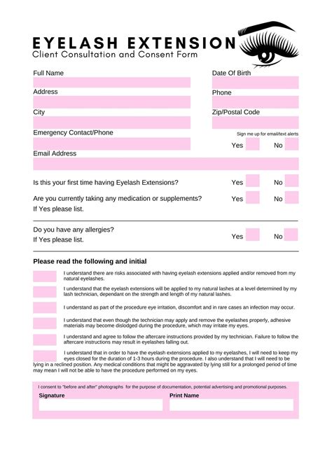 Eyelash Policy Form For Client Consultations Editable Client Record