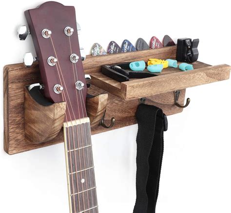 Buy Bikoney Guitar Wall Mount Guitar Hanger Shelf Wood Guitar Hook with Pick Holder and 3 Hooks ...