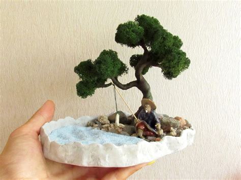 Artificial Bonsai Tree With Fisherman Mini Zen Garden Etsy