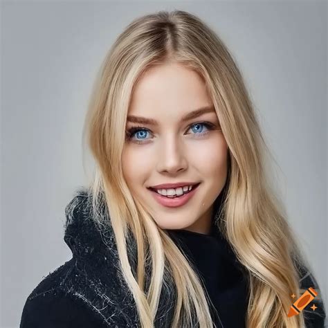 Portrait Of A Stunning Blonde Girl With Light Blue Eyes In Winter