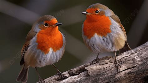 pair  robins standing   branch  leaf background picture