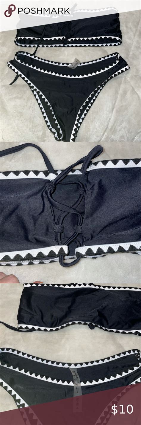 Shein Black And White Bikini Two Piece Strapless Adjustable Top Black