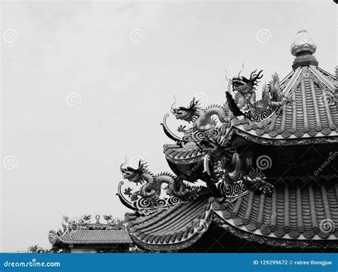 Dragon black and white stock photo. Image of roof, temple - 129299672