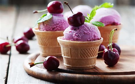 HD wallpaper: Cherry Ice Cream, cherries on purple ice cream with cone ...