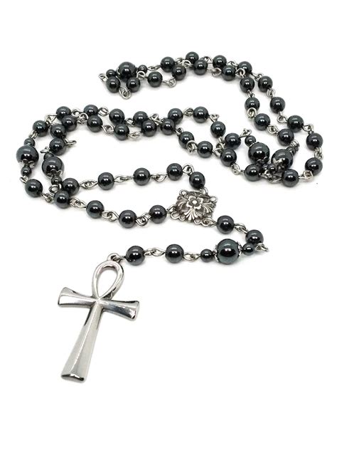 Stainless Steel Ankh Rosary Chain Silver Toned Trad Goth Rosary Long Beaded Gothic Rosary