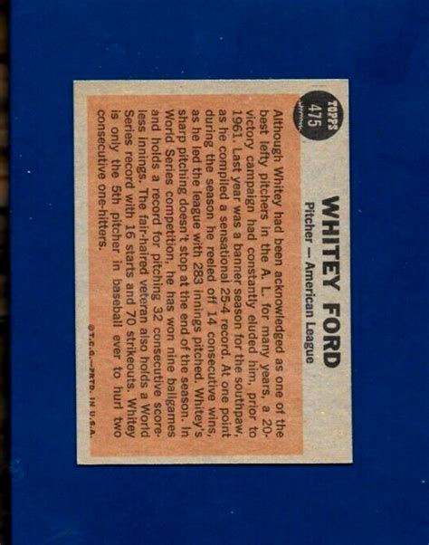 1962 Topps 475 Whitey Ford All Star Yankees Lite Wear No Crease Nice