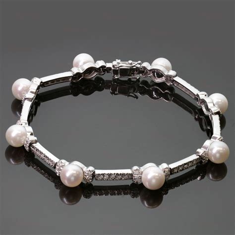 18k White Gold Diamond Pearl Link Bracelet MTSJ11214