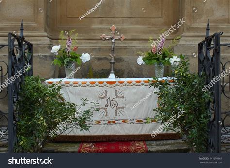 Outdoor Altar For Feast Of Corpus Christi Body Of Christ Stock Photo