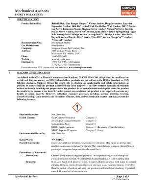 Fillable Online Safety Data Sheet Mechanical Anchors Haydon Bolts Fax