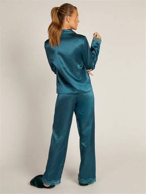 Boux Avenue Amelia Long Revere Satin Pyjama Set Emerald Uk