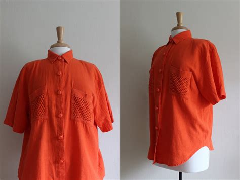 Vintage 1980s Orange Short Sleeve Button Down Top Etsy