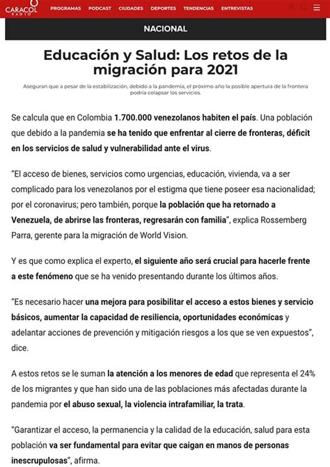 Educación y Salud Los retos de la migración para 2021 World Vision