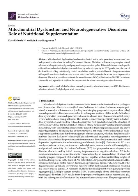 Pdf Mitochondrial Dysfunction And Neurodegenerative Disorders Role