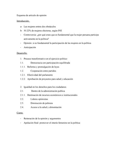 Esquema De Artículo De Opinión Esquema De Artículo De Opinión Introducción A Las Mujeres