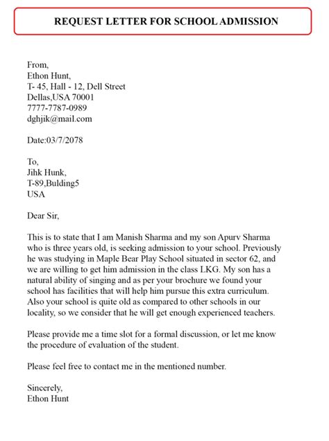 Request Letter For School Admission In Word Format Printable Online