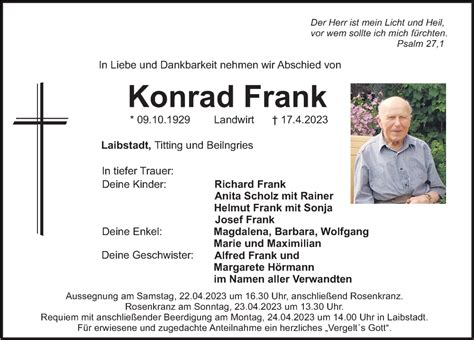 Traueranzeigen Von Konrad Frank Trauer Nn De