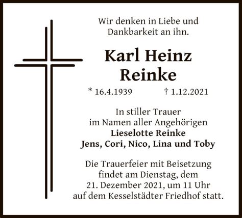 Traueranzeigen Von Karl Heinz Reinke Trauerop Onlinede