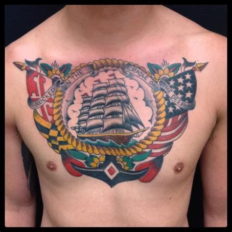 ship anchor American flags tattoo