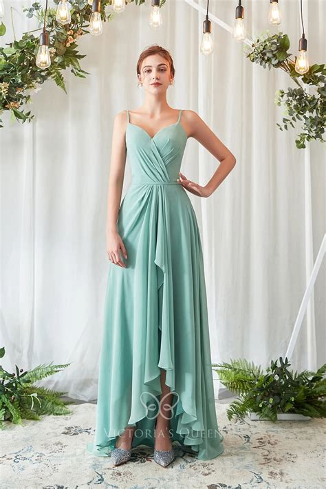 Fashion Sage Green Chiffon High Low Pleated Bridesmaid Dress Vq