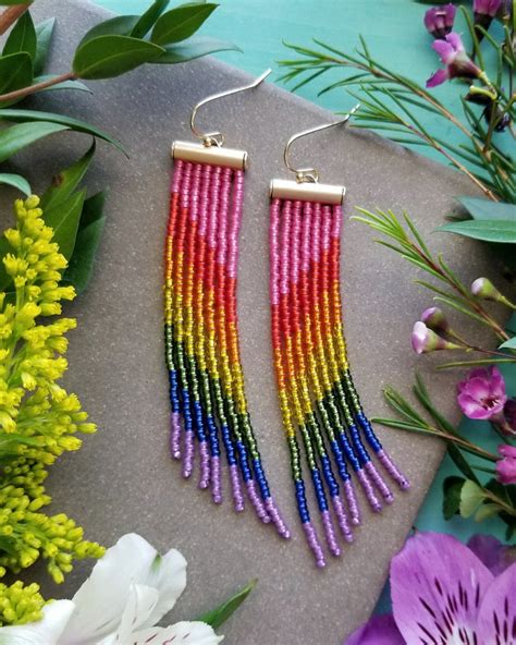 Rainbow Seed Bead Fringe Earrings Shimmery Rainbow Etsy