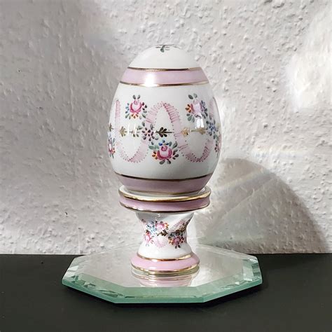 Vintage Porcelain Egg Standpedestal Pink Ribbon Pink Roses