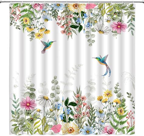 Evrcvar Hummingbird Shower Curtain Watercolor Flower Leaves