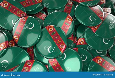 Turkmenistan Badges Background Pile Of Turkmen Flag Buttons Stock