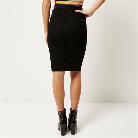 Lyst River Island Black Denim Button Up Pencil Skirt In Black