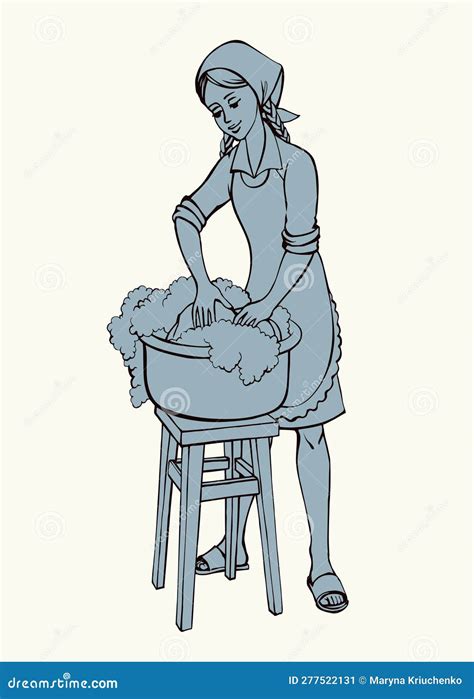 Vector Drawing Girl Washing Clothes In A Basin Stock Vector