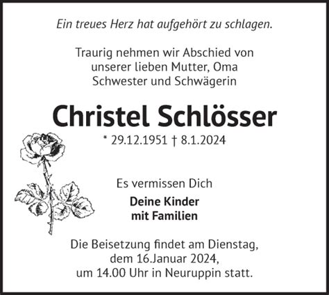 Traueranzeigen von Christel Schlösser Märkische Onlinezeitung