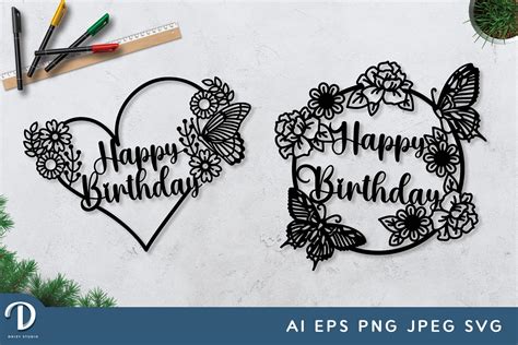 Happy Birthday SVG Papercut In Floral Frame With Butterfly 2