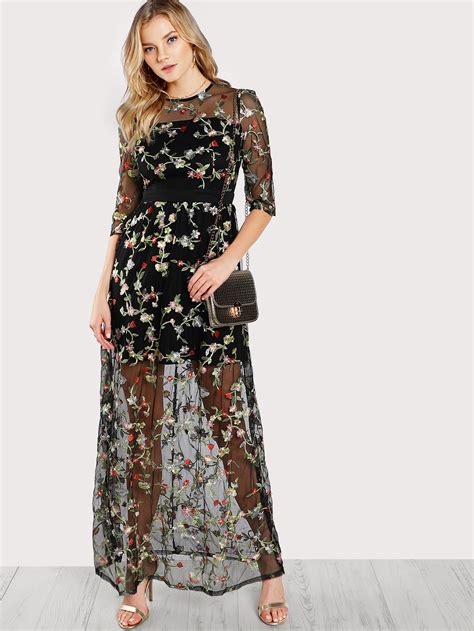 Botanical Embroidery Mesh Overlay In Dress Shein Sheinside