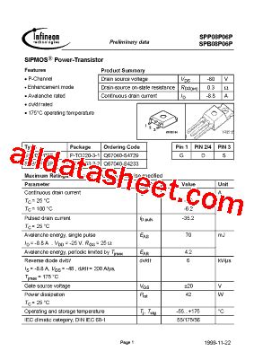 SPB08P06P Datasheet PDF Infineon Technologies AG