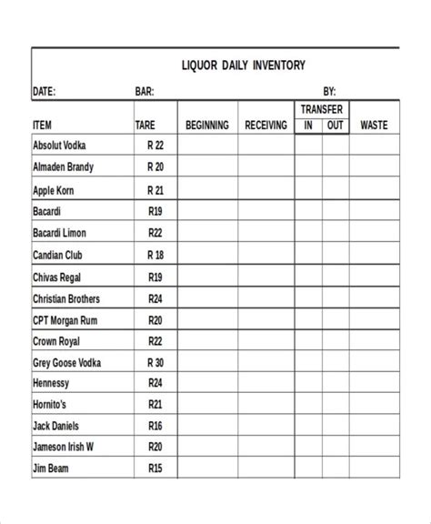 Free Printable Liquor Inventory Sheets Find Customizable Templates With Sample Data Printable