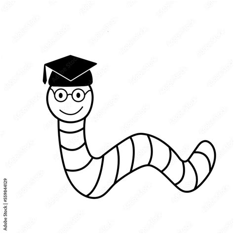 Outline Drawing Of A Cute Cartoon Worm Wearing A Square Academic Cap