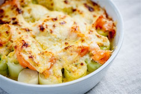 Baked Leeks Recipe Smoked Salmon And Cheese Sauce Great British Chefs