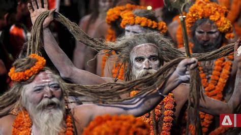 Naked Holy Men Gathered To Bathe In A Sacred River Kumbha Mela India