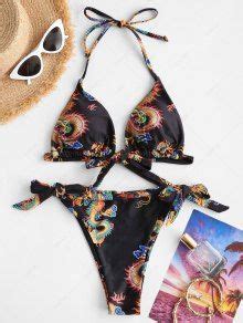 ZAFUL Chinoiserie Halter Dragon Print Bikini Swimwear In BLACK ZAFUL 2026