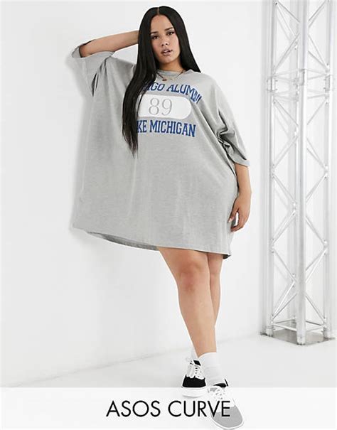 Asos Design Curve Oversized T Shirt Dress With Chicago Print In Gray Asos