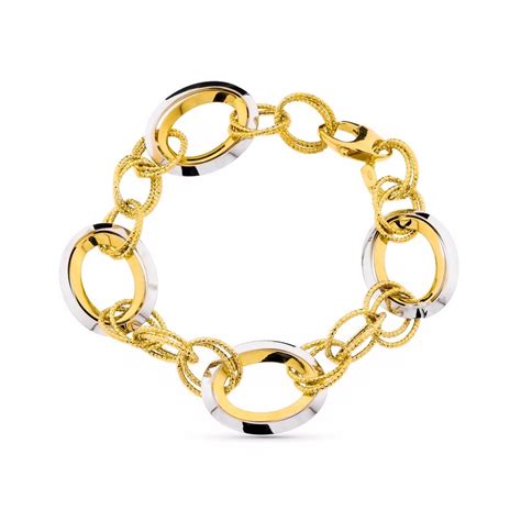 Pulsera Oro Bicolor 18k Mujer Eslabones Combinados Ovalados Calados