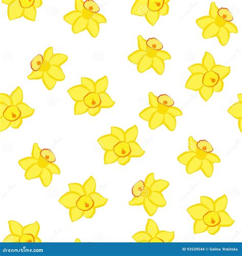 Seamless Pattern Small Yellow Narcissus Flowers Isolated On White