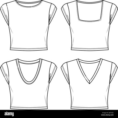 Vector Corte Top Moda Cad Mujer Cuello Redondo Manga Corta Camiseta Dibujo Técnico Corte