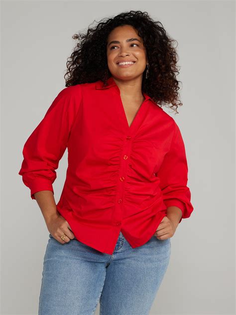 Plus Size Button Down Ruched Shirt Fashion To Figure