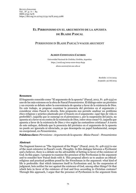 Pdf El Pirronismo En El Argumento De La Apuesta De Blaise Pascal