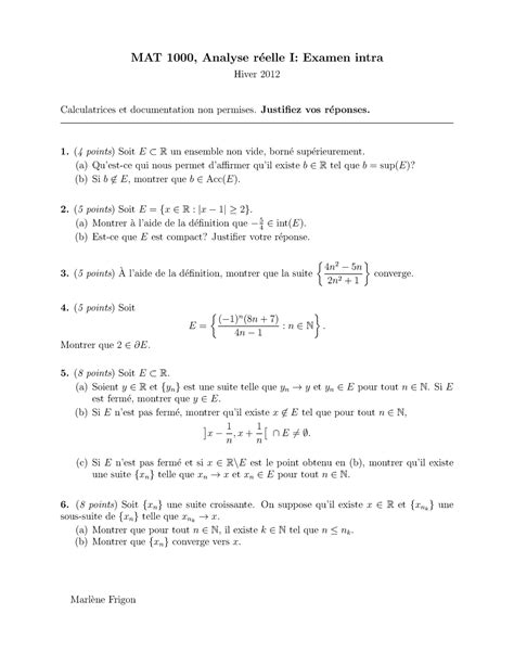 Examen Questions Mat Analyse R Eelle I Examen Intra